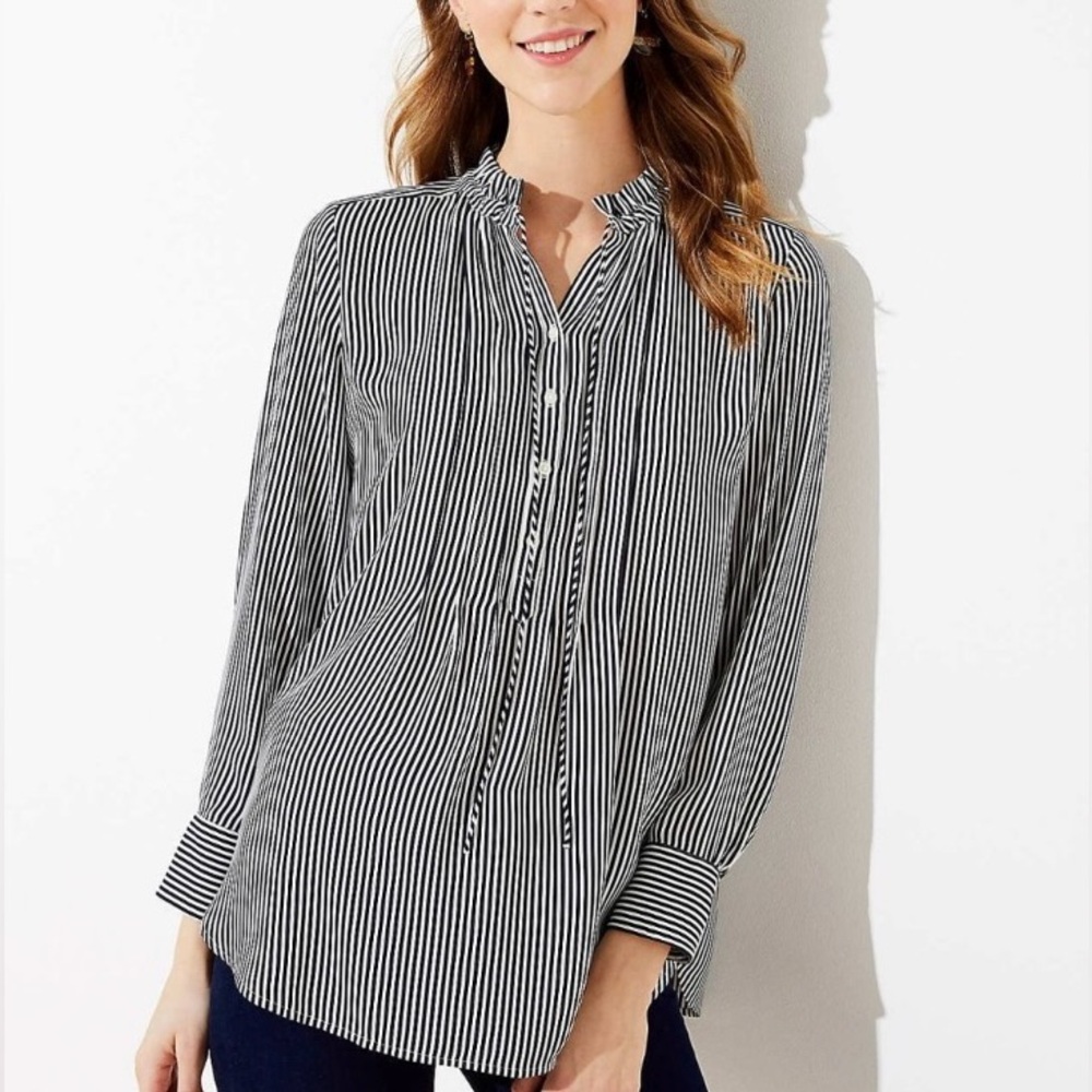 Ann Taylor Loft Black White Vertical Striped Pintuck Tunic Blouse Extra Large